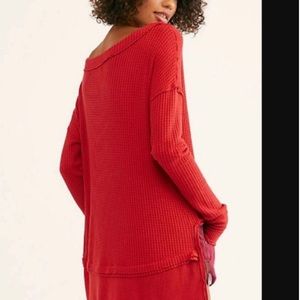 Free People North Shore Thermal Knit Tunic Top Red Size Large Waffle Print Long